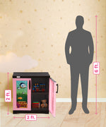 Load image into Gallery viewer, A children's toy storage cabinet shown with dimension labels indicating 2 ft by 2 ft by 6 ft, alongside a large gray human silhouette for scale, against a beige starry wall and wood floor.